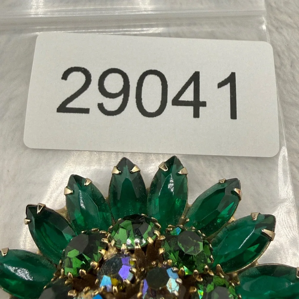 Vintage Rhinestone Brooch Green Aurora Borealis Large Dome